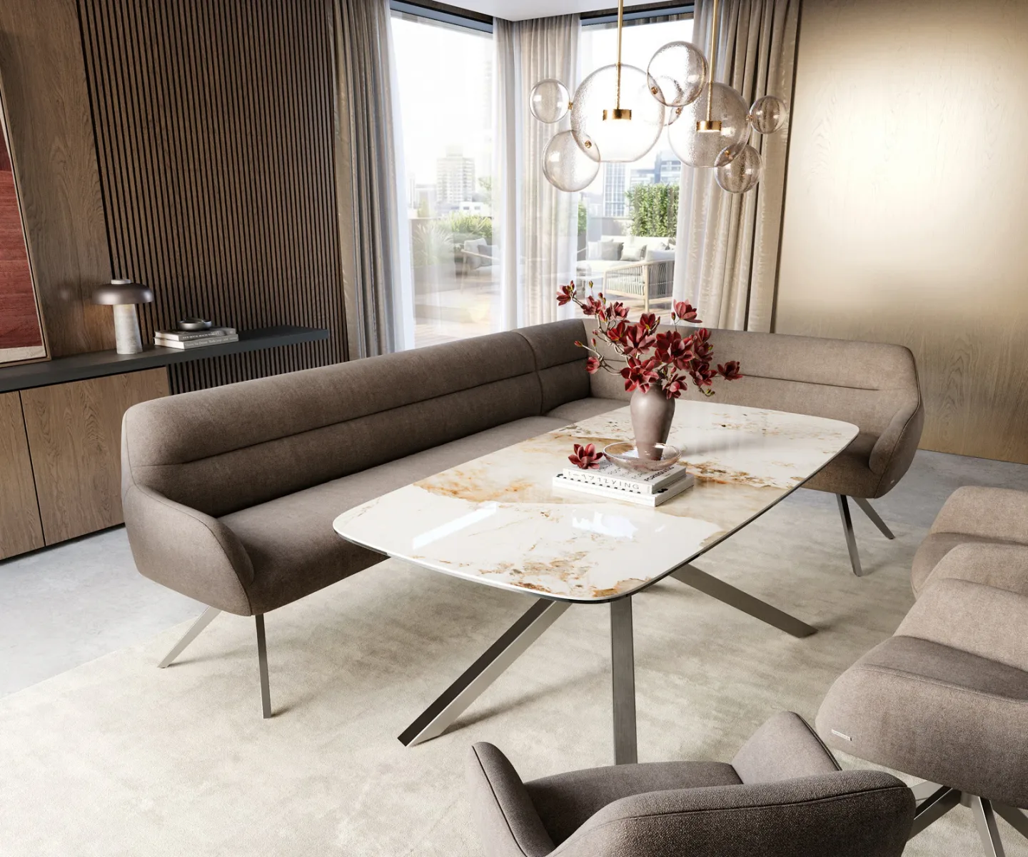 Esszimmerbank Taya-Flex 285x190 cm Strukturstoff Soft Taupe Kreuzgestell kantig Edelstahl Taschenfederkern Rechts