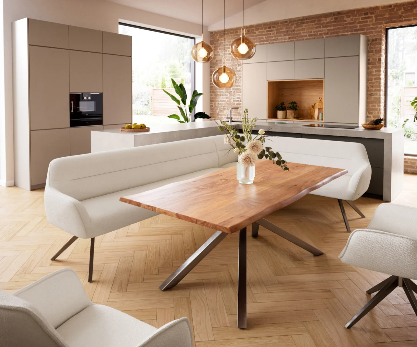 Esszimmerbank Taya-Flex 285x190 cm Bouclé Creme-Weiß Kreuzgestell kantig Graphit Taschenfederkern Rechts