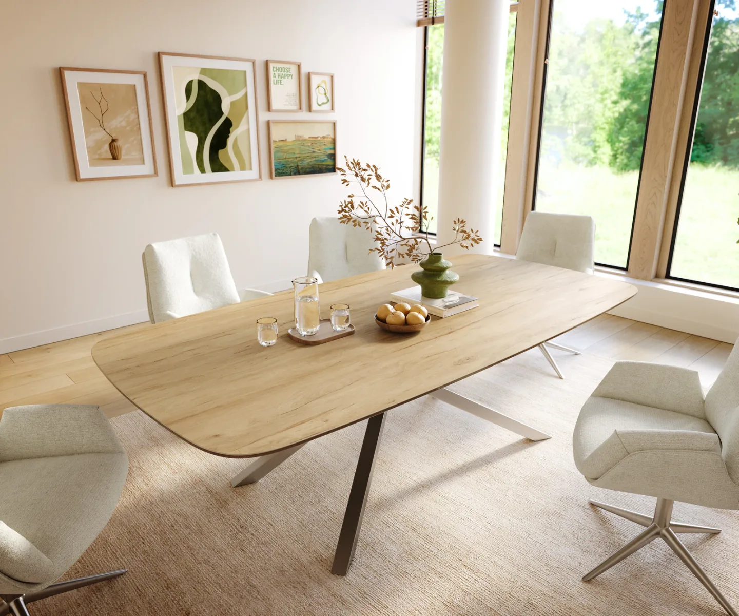 Esstisch Edge Boot 240x120 cm Keramik Laminam® Sabbia Eichefarbig Kreuzgestell Rechteck Edelstahl