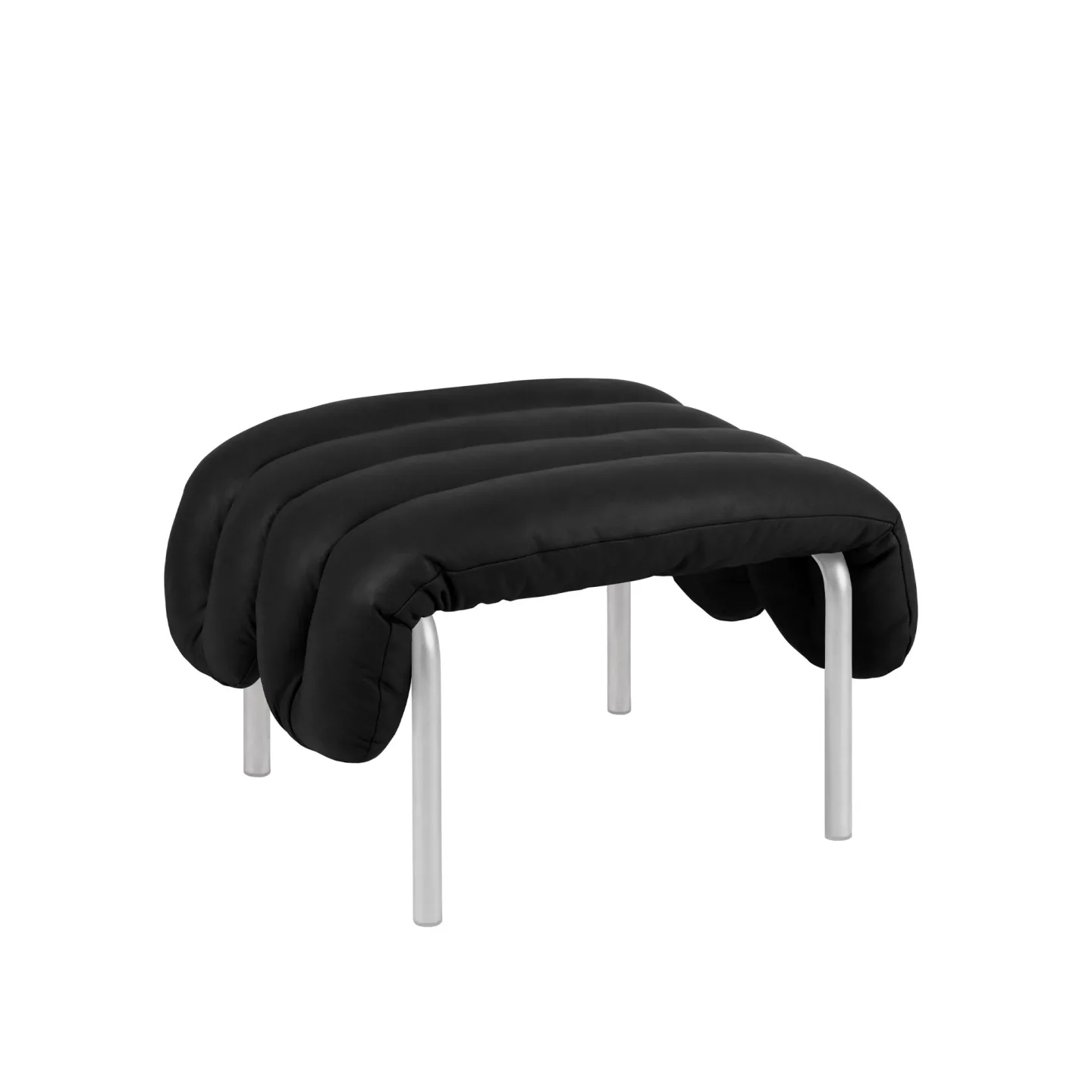 HEM - Puffy Ottoman - Black Leather/Stainless - Fotpallar - Faye Toogood - Silver,Svart - Läder/Naturmaterial/Metall/Trä/Skum