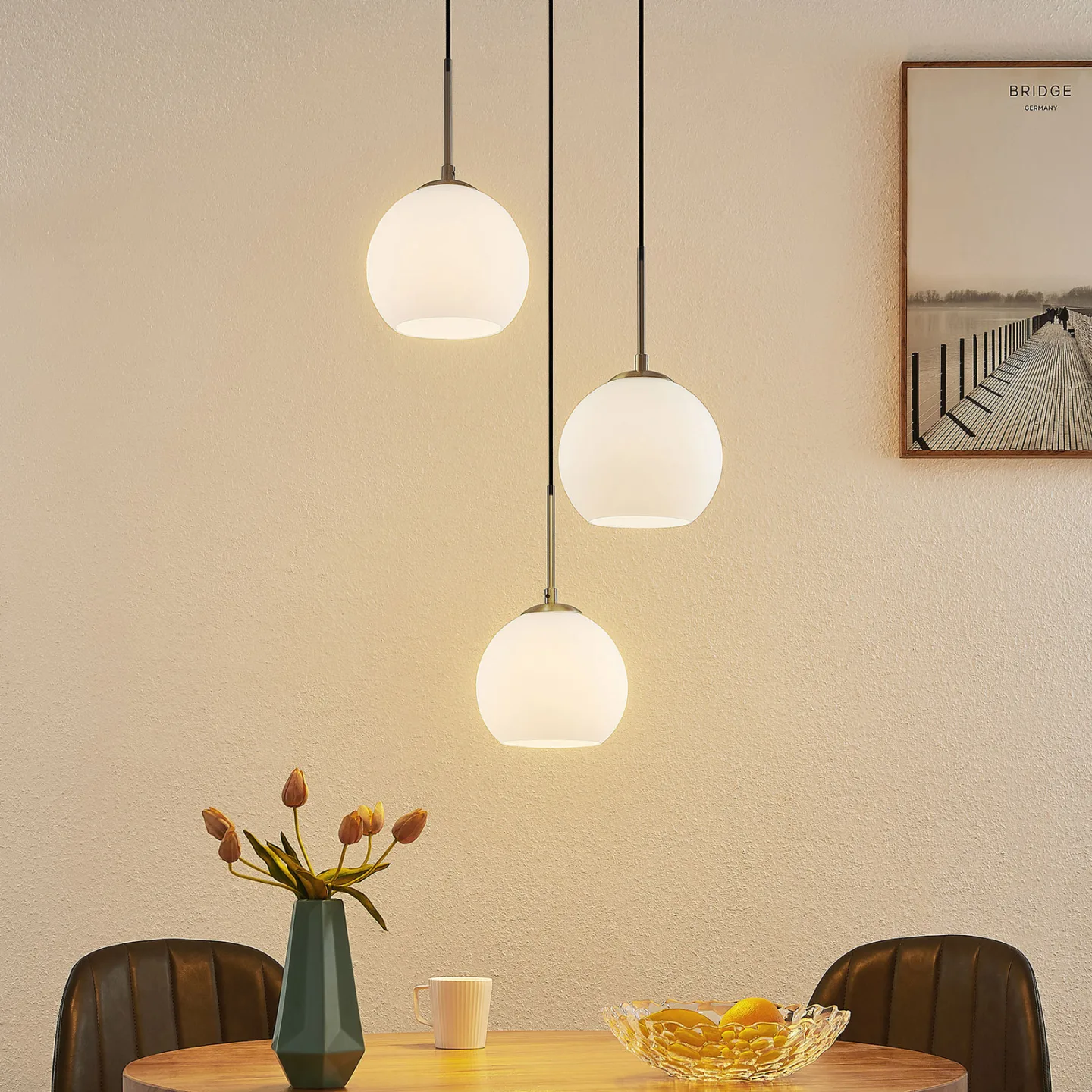 Jurian 3 Pendelleuchte Opal/Nickel - Lindby - Wohnzimmer - Modern - Glas - Mehrflammig