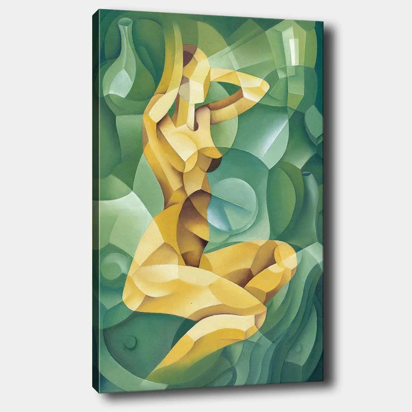Canvastavla 70x100 cm - Stiliserad nakenfigur som sitter med en hand bakom huvudet, omgiven av organiska former - Gul / Grön