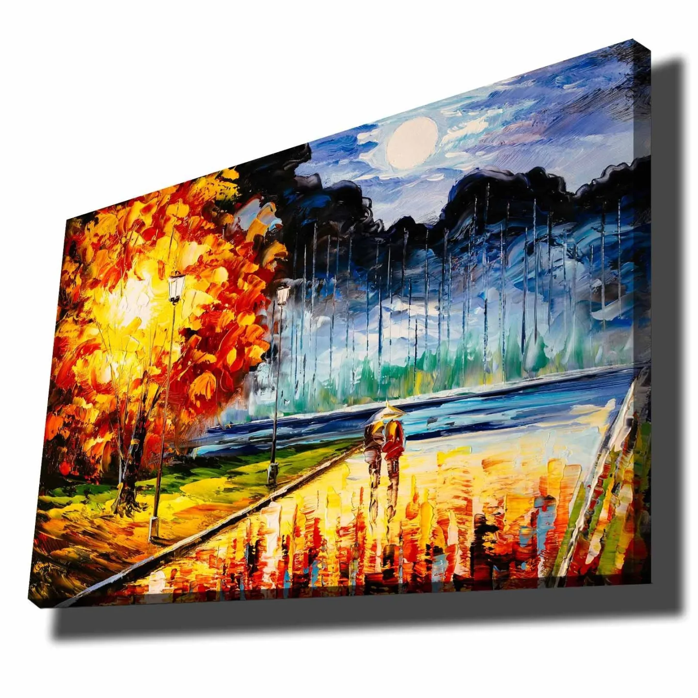 Canvastavla 70x100 cm - Romantisk promenad under en månbelyst himmel med färgglada höstträd - Orange / Blå / Röd