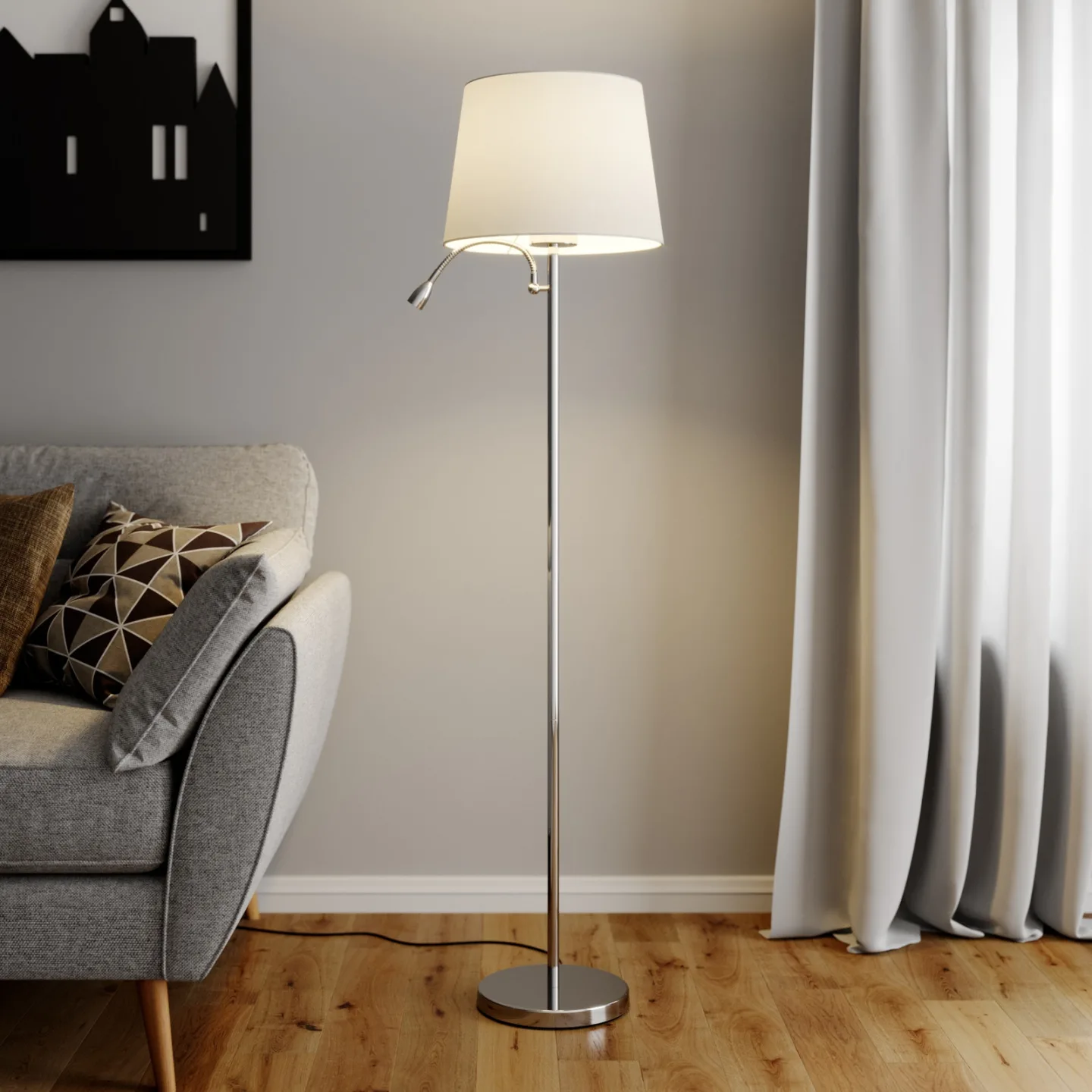 Benjiro Stehleuchte White/Chrome - Lindby - Wohnzimmer - Modern - Stoff / Textil - Mehrflammig