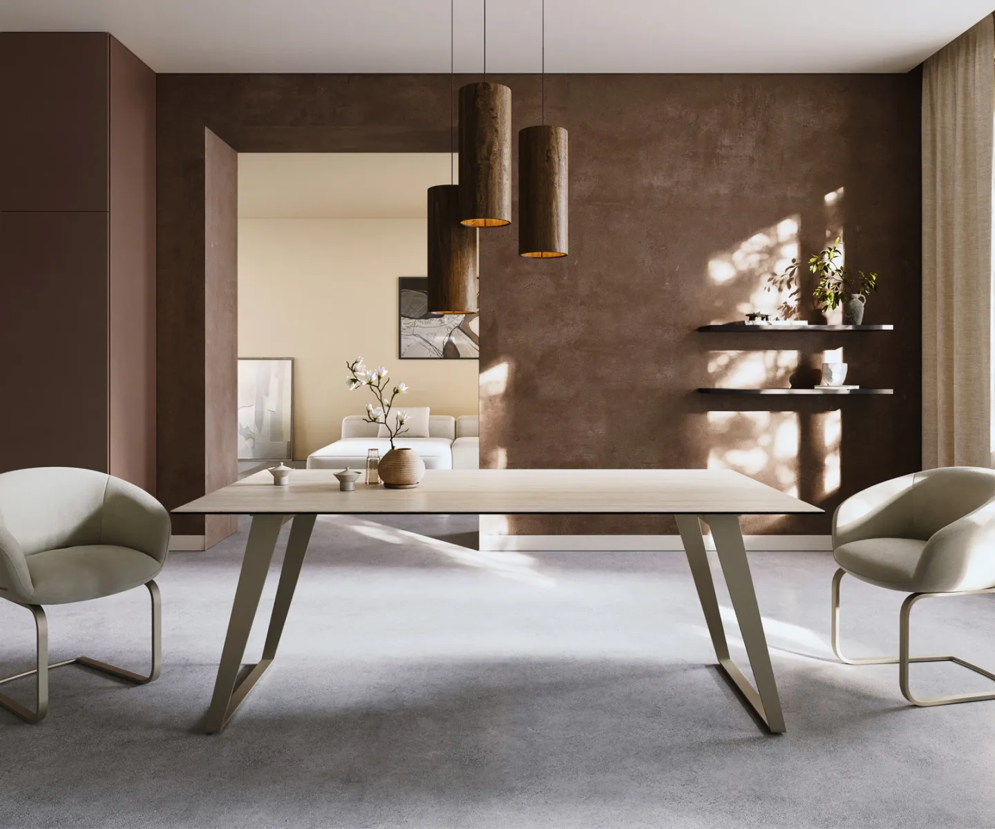 Esstisch Edge 200x100 Keramik Laminam® Travertino Bianco Creme-Weiß Metall Schräg Effektfinish Titan