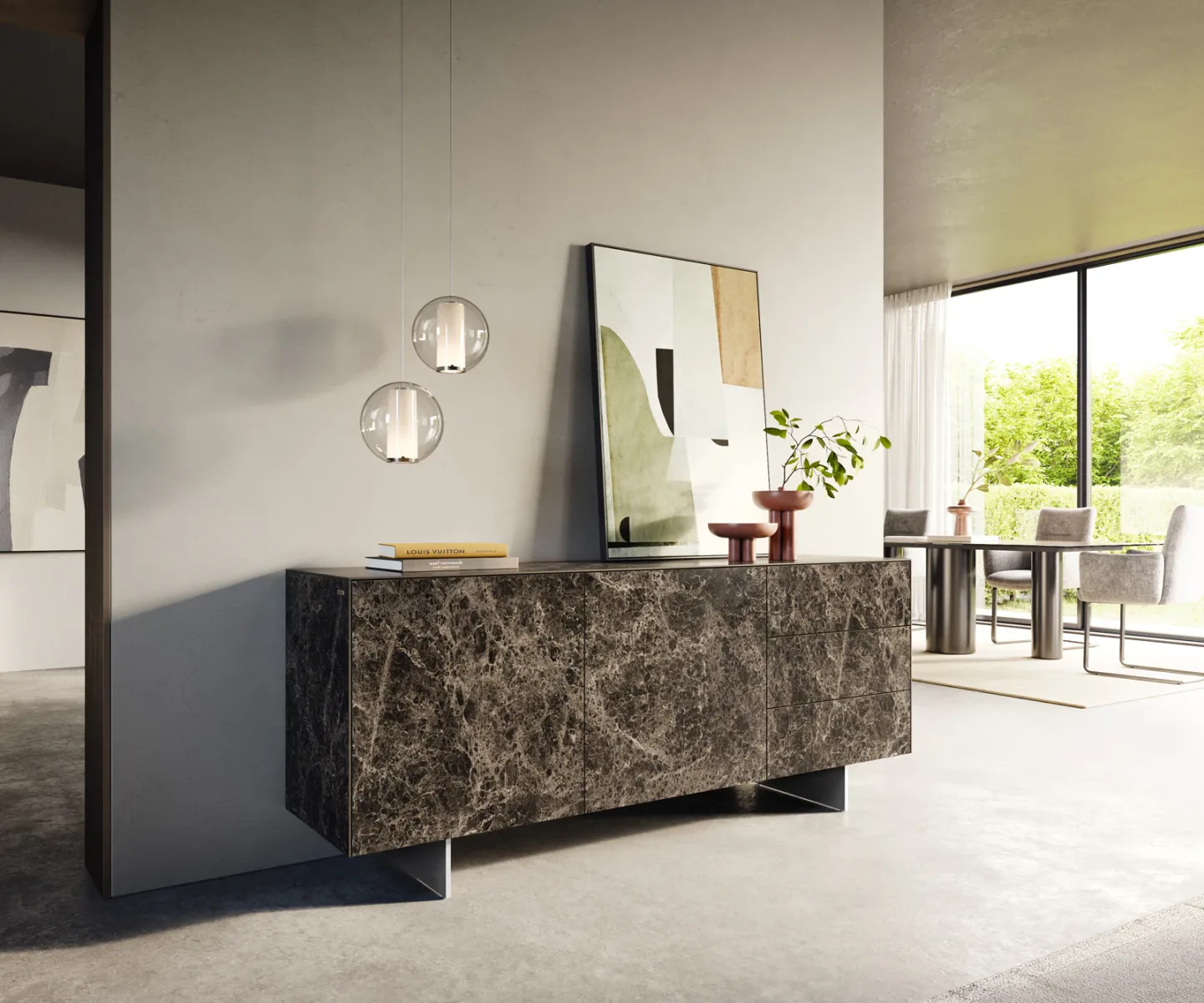 Sideboard Cuor 180 cm Keramik Emperador Extra Lucidato Dunkelbraun 2 Türen 3 Schubfächer Fuß Schwebeoptik Edelstahl