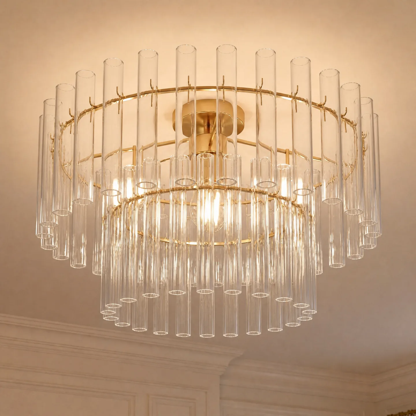 Leanna taklampa, klar/mässing, Ø 54 cm, glas – Lucande - Vardagsrum - Modern - Med en ljuskälla