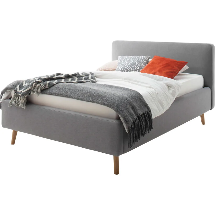 Bett Senja Hellgrau, Natur Stoff, Eiche Massivholz 160 x 200 cm