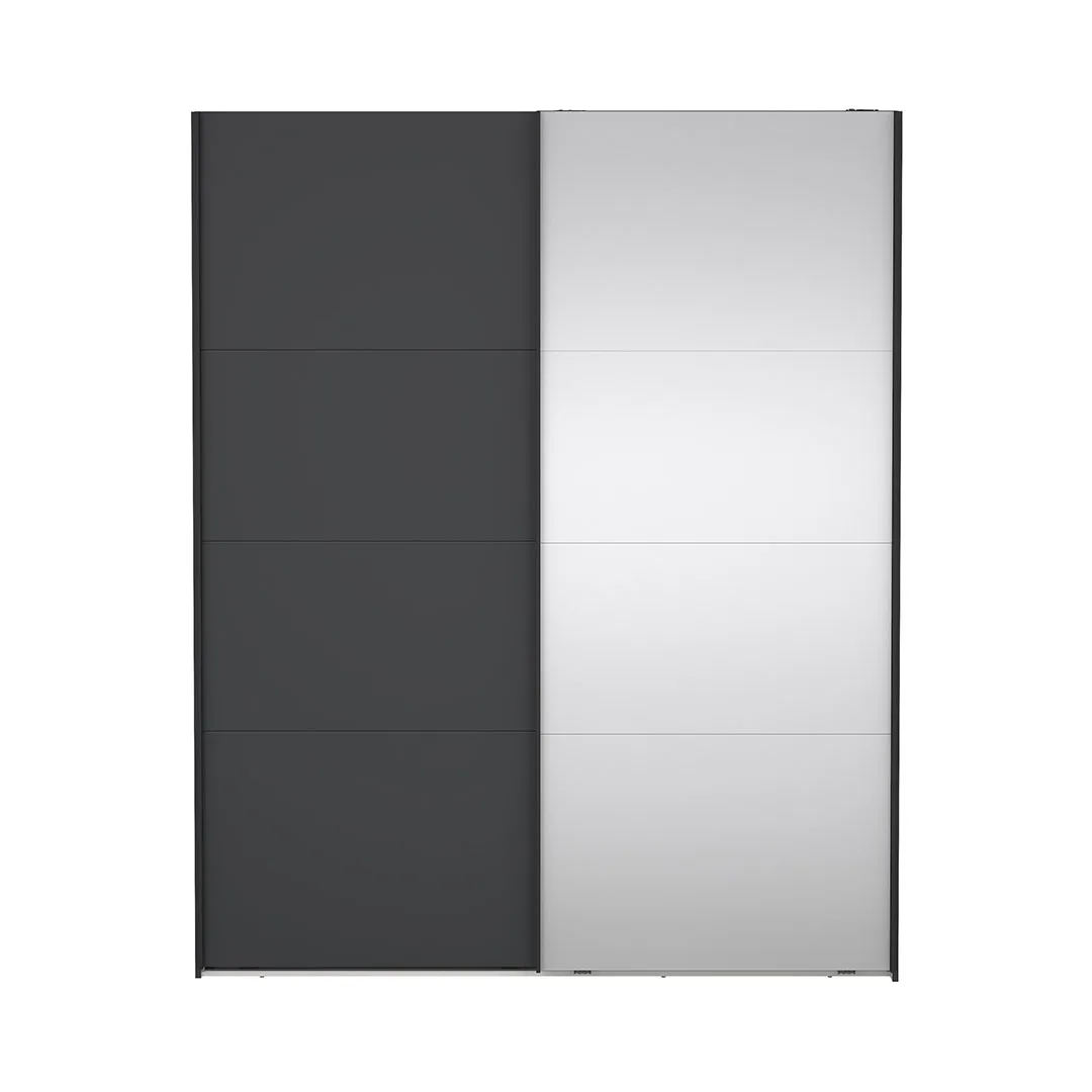 Catania Kleiderschrank 221x179x65cm, 1 Schiebetür, 1 Schiebetür mit Spiegel matt schwarz.