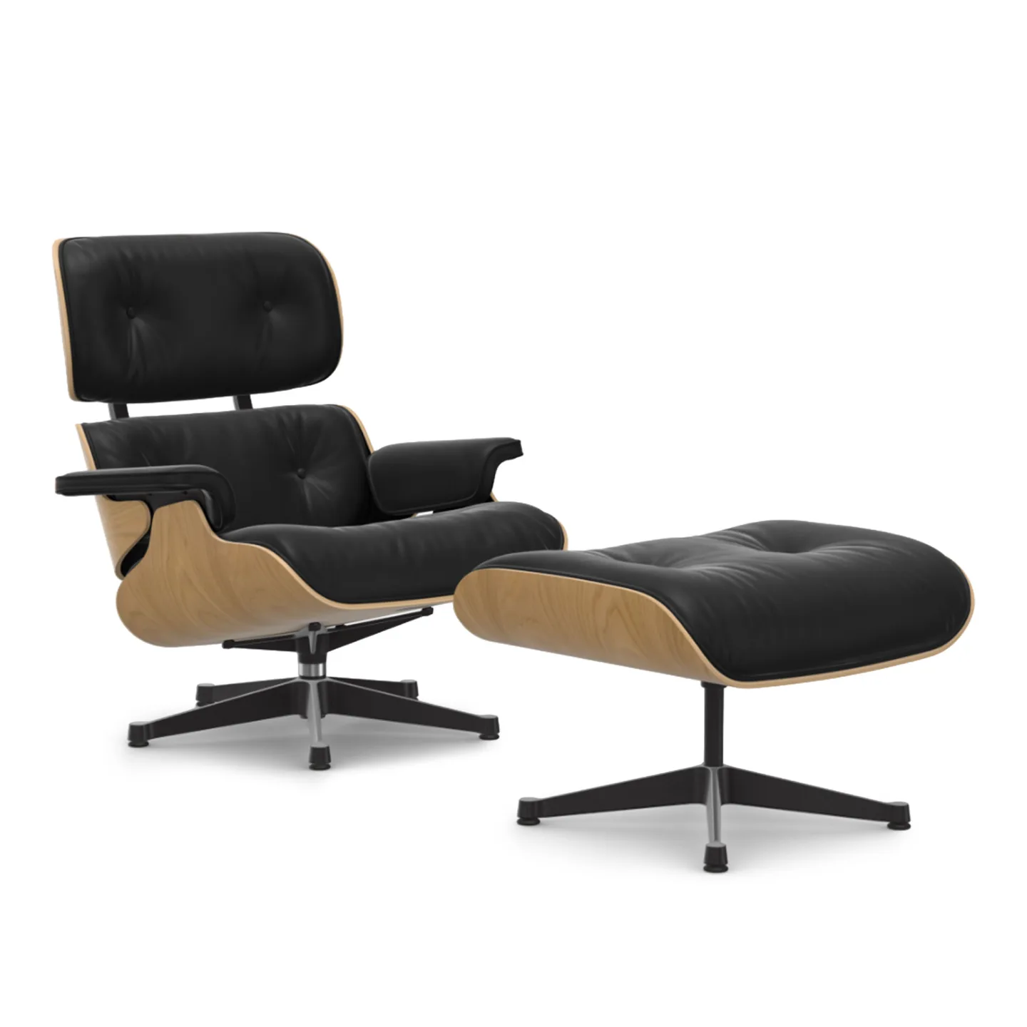 Vitra - Eames Lounge Set Natural Chestnut Leather Premium Nero 66 Polished Aluminium/Deep Black - Fåtöljer - Charles & Ray Eames - Svart