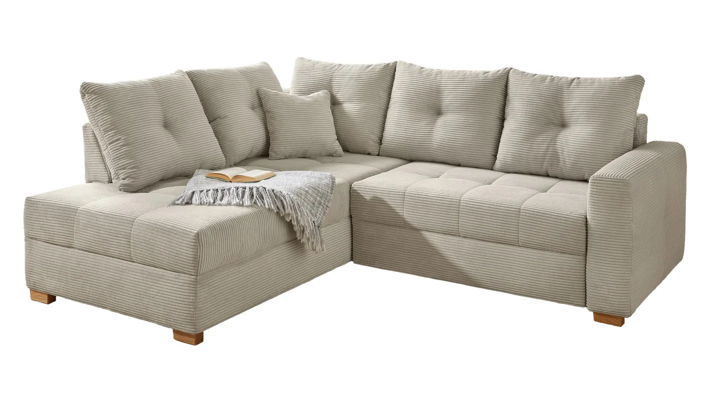 Ecksofa Cord grau-beige 228 cm - Schlaffunktion Bettkasten - HEIDELBERG