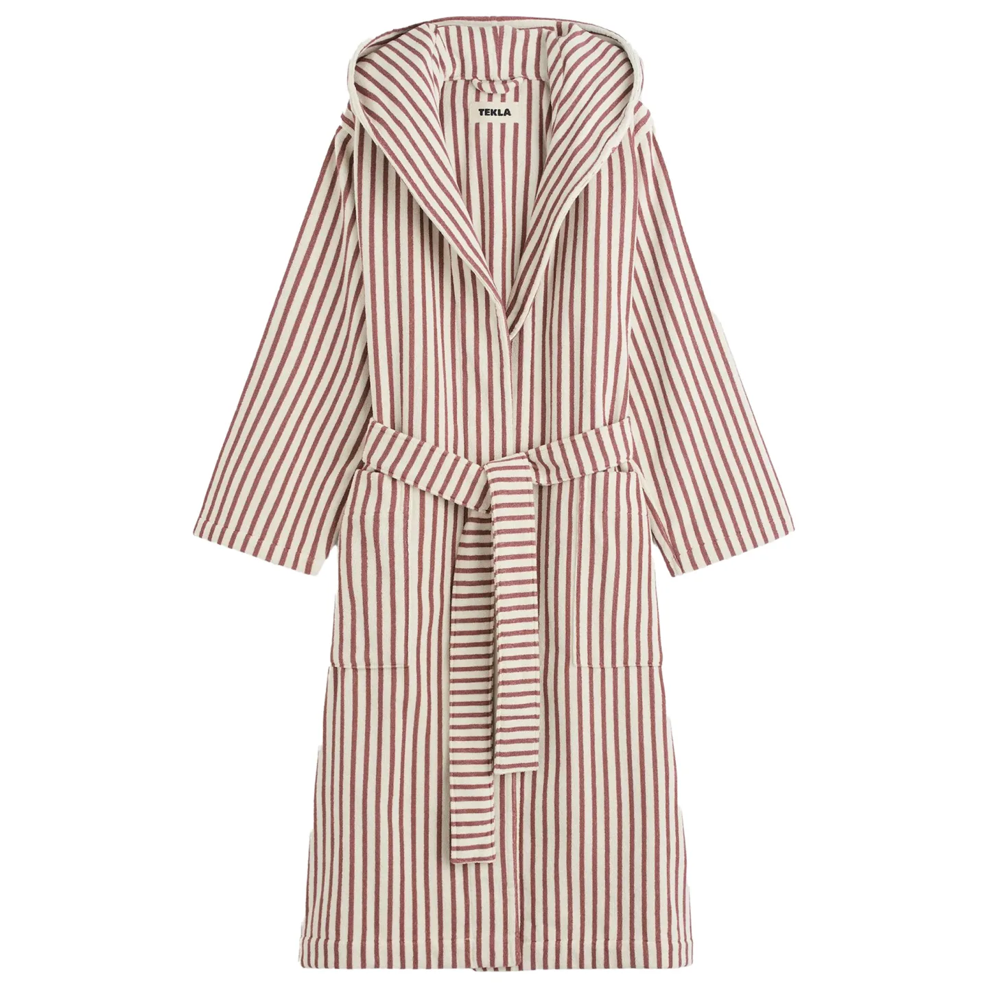 Tekla - Hooded Bathrobe Ripple Stripes M - Badrockar - Röd - Bomull