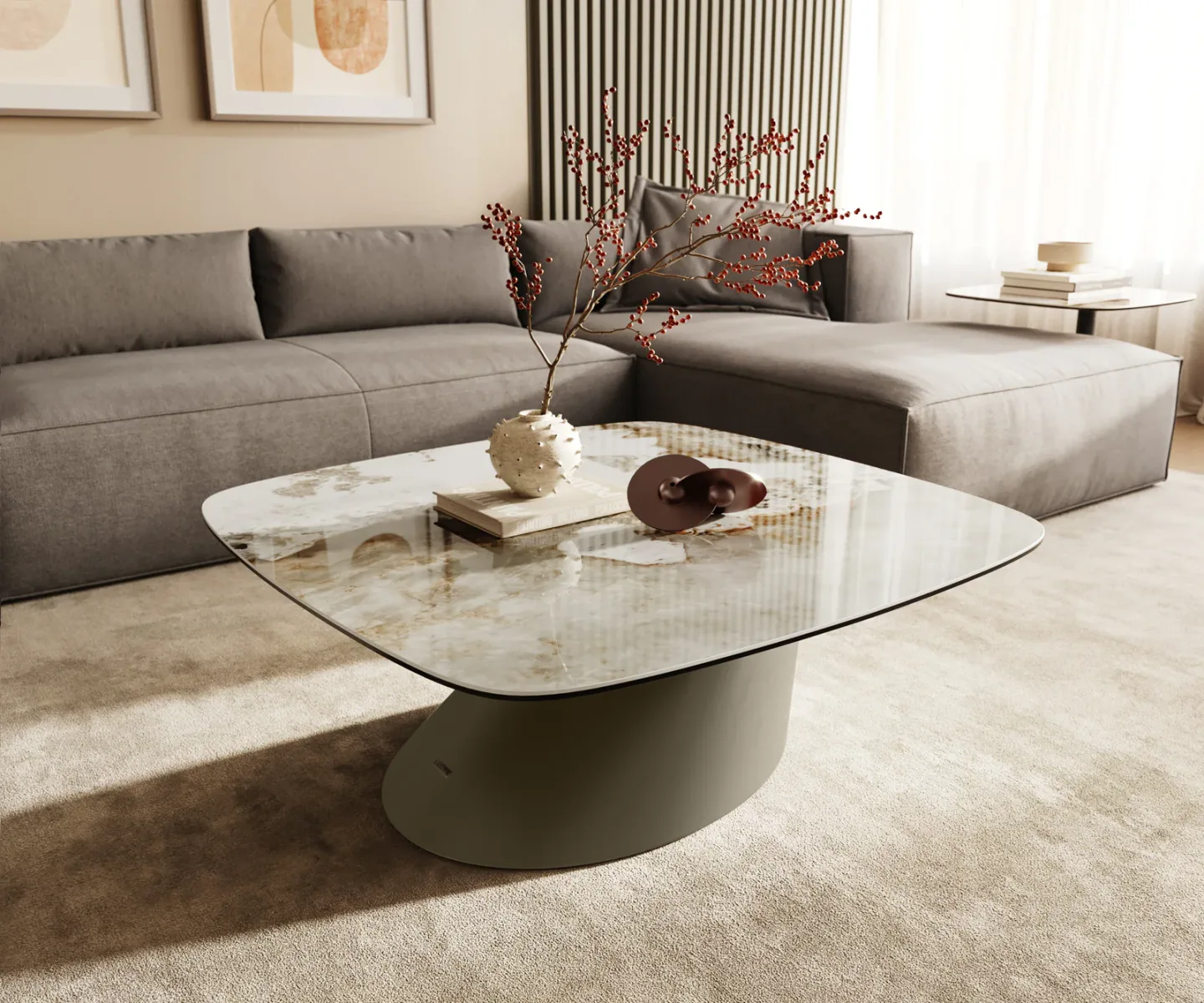 Couchtisch Edge Boot 90x90 cm Keramik Minas Melange Conis Metall Effektfinish Titan