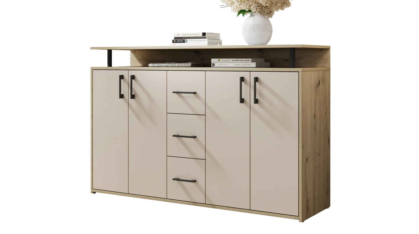 Highboard 4 Türen 3 Schubladen Eiche Beige-Kaschmir 139 cm - DRIFT