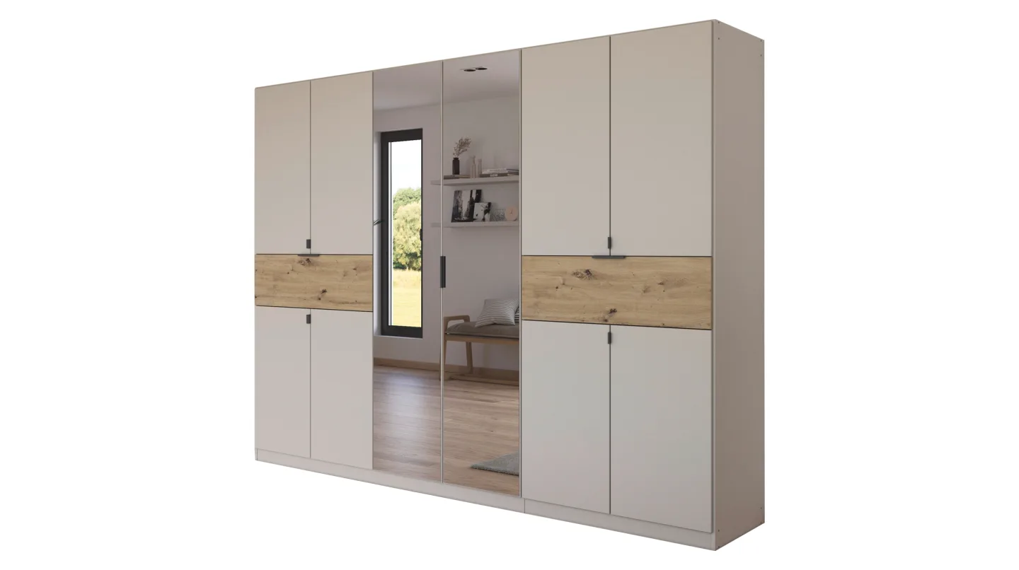Kleiderschrank mit Spiegel beige Artisan Eiche 271 cm - rauch - SAJO