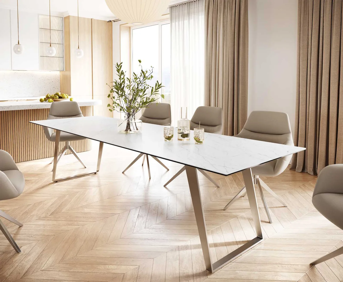 Esstisch Edge 300x100 Keramik Laminam® Statuarietto Weiß Edelstahl Schräg
