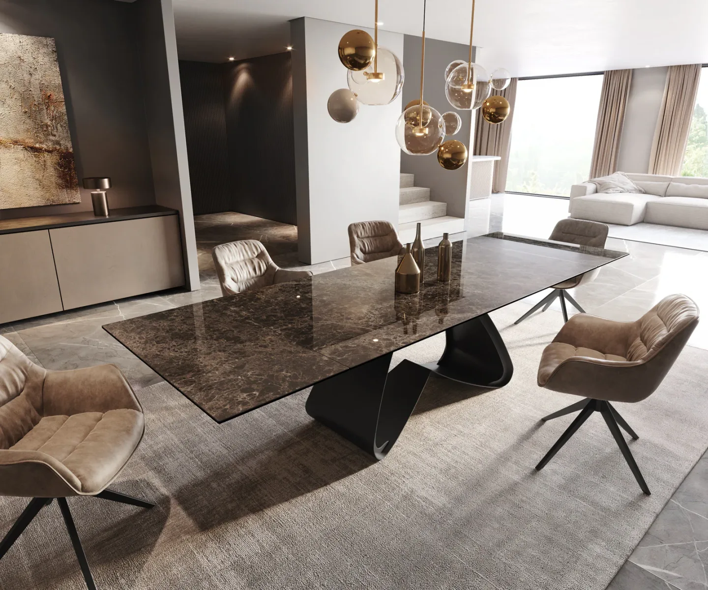 Esstisch Edge 200-300x100 Keramik Emperador Extra Lucidato Dunkelbraun W-Gestell Schwarz ausziehbar