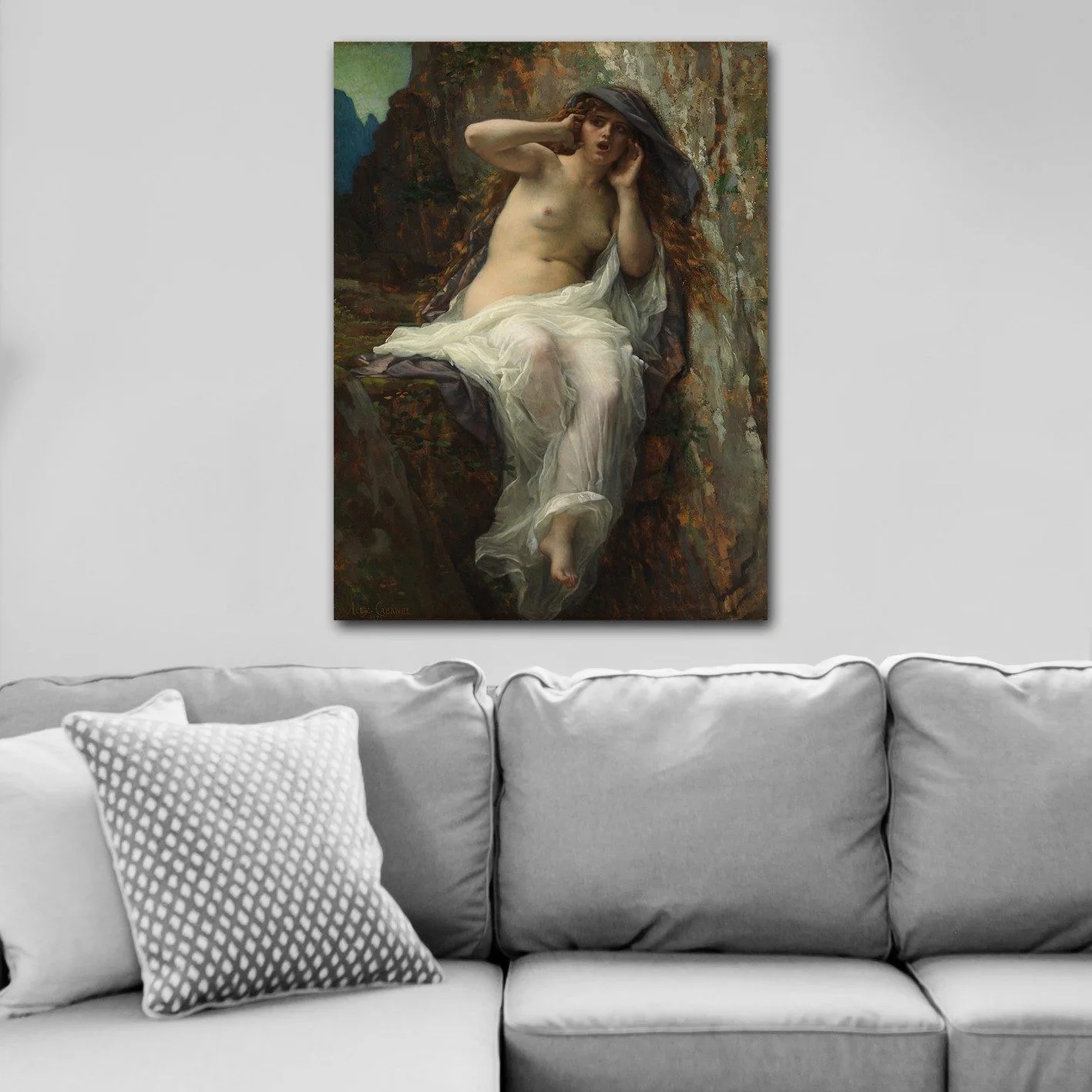 Canvastavla 70x100 cm - Naken kvinna sitter på en klippa med en dramatisk och uttrycksfull pose - Beige / Vit / Mörkgrå