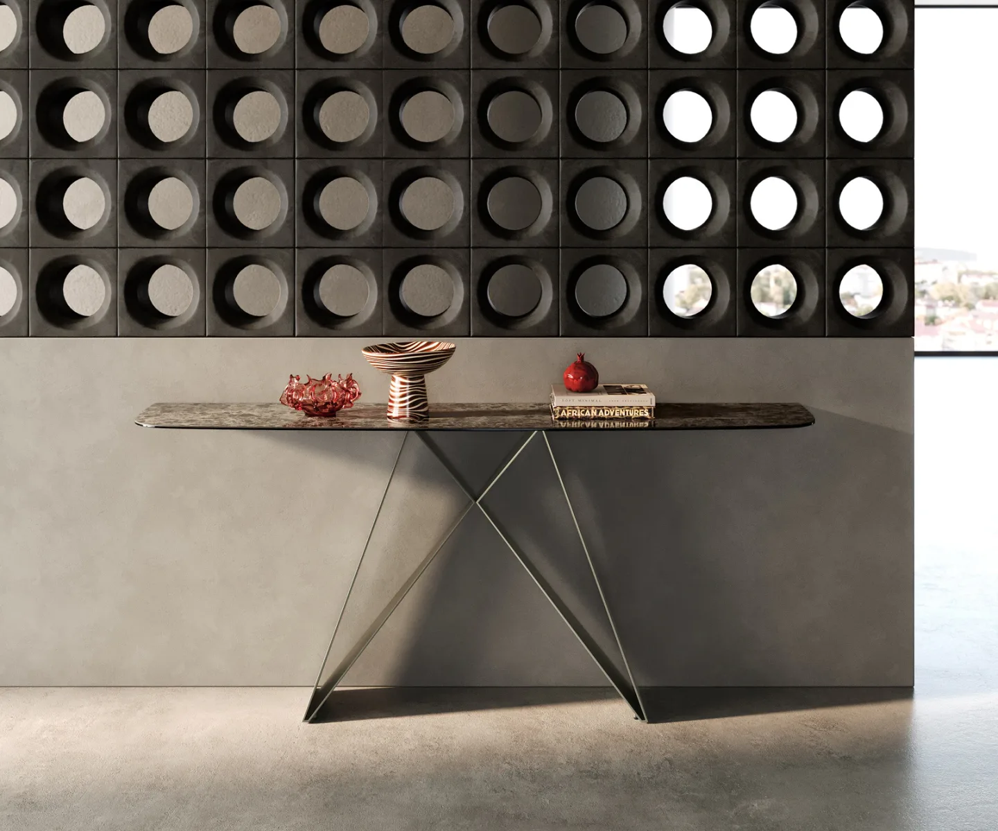 Konsolentisch Edge Boot 180x40 cm Keramik Emperador Extra Lucidato Dunkelbraun Velio Metall Effektfinish Titan