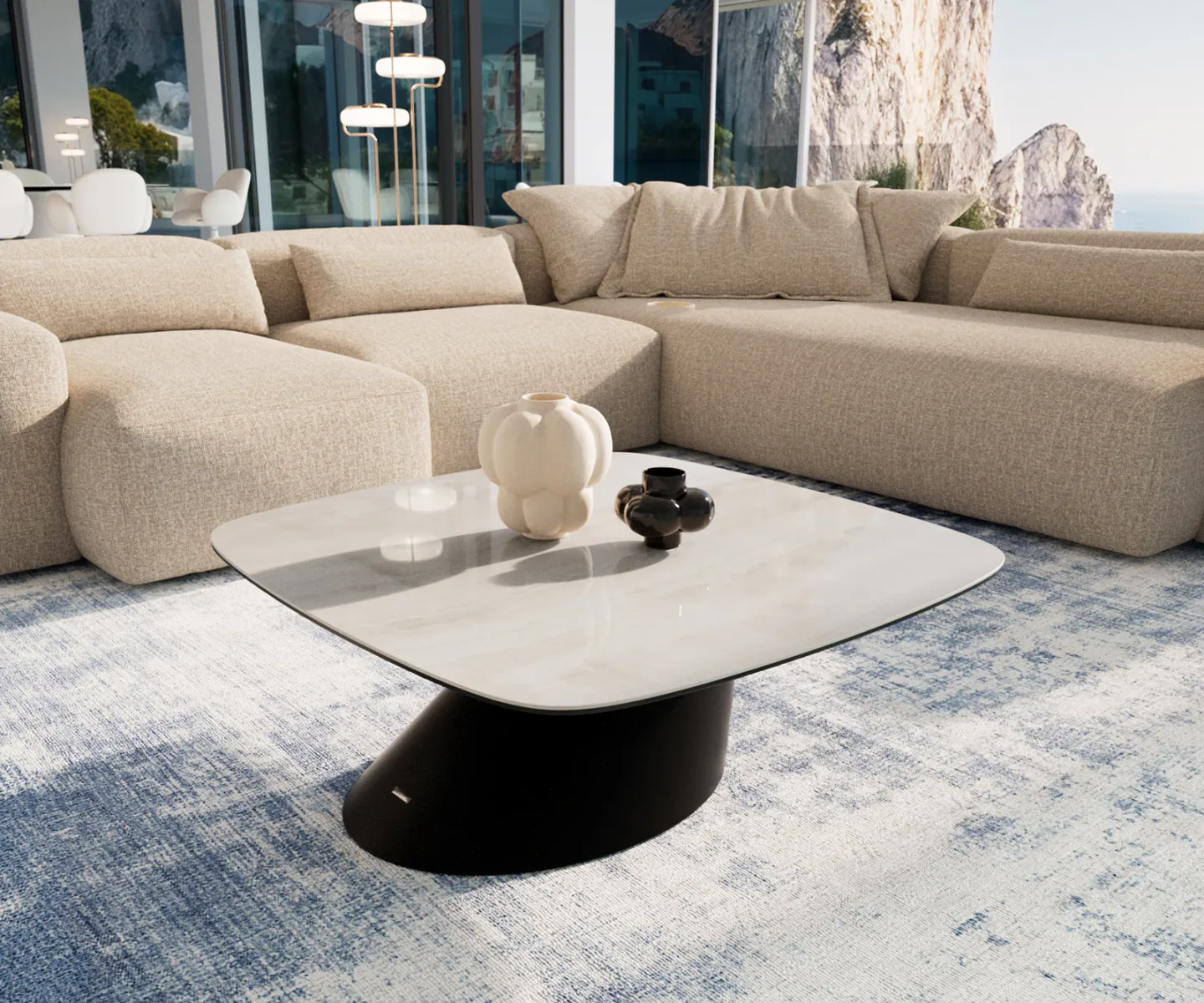Couchtisch Edge Boot 90x90 cm Keramik Onyx Champagne Conis Metall Schwarz