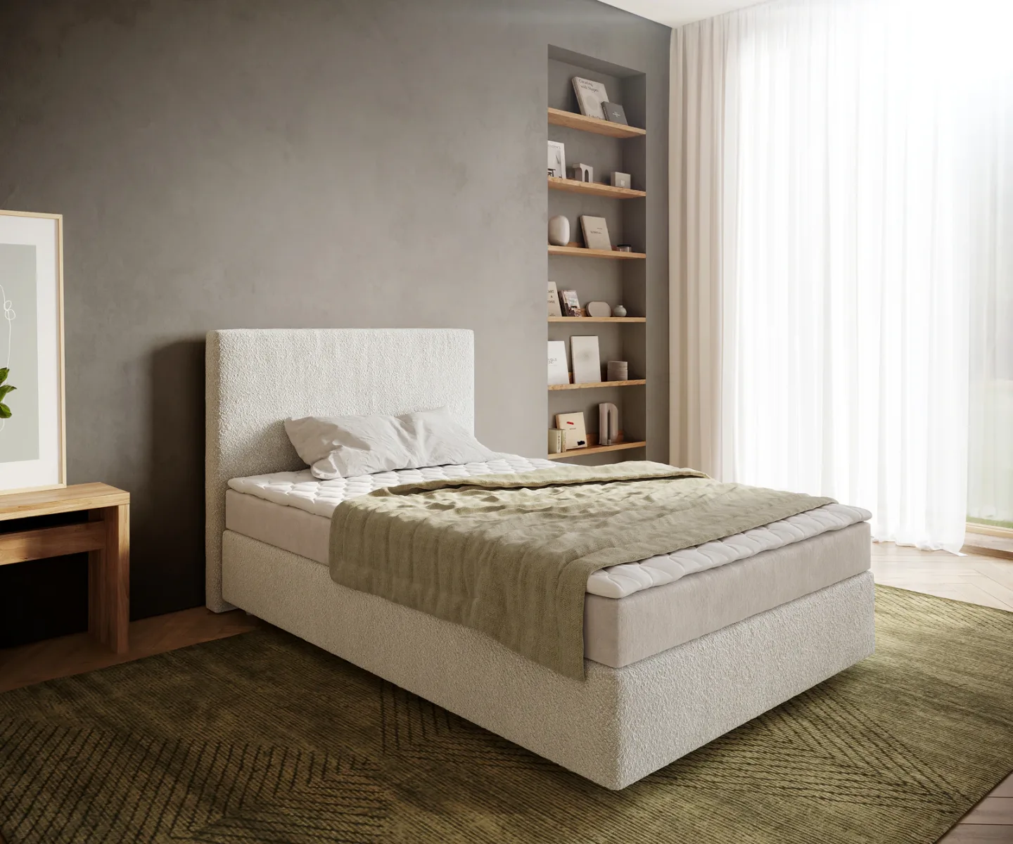 Boxspringbett Dream-Well 120x200 cm Bouclé Creme-Weiß mit Matratze und Topper