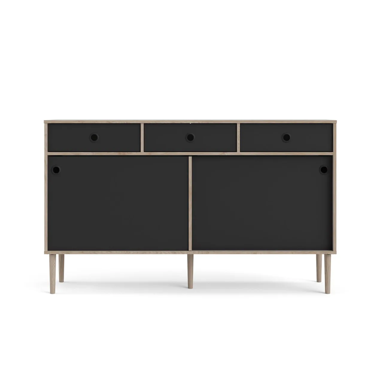 Penny Sideboard 2 Schiebetüren und 3 Schubladen Hickory-Dekor und matt schwarz.