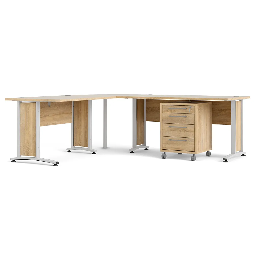 Prisme Eckschreibtisch mit Rollcontainer Eiche Dekor, weiss