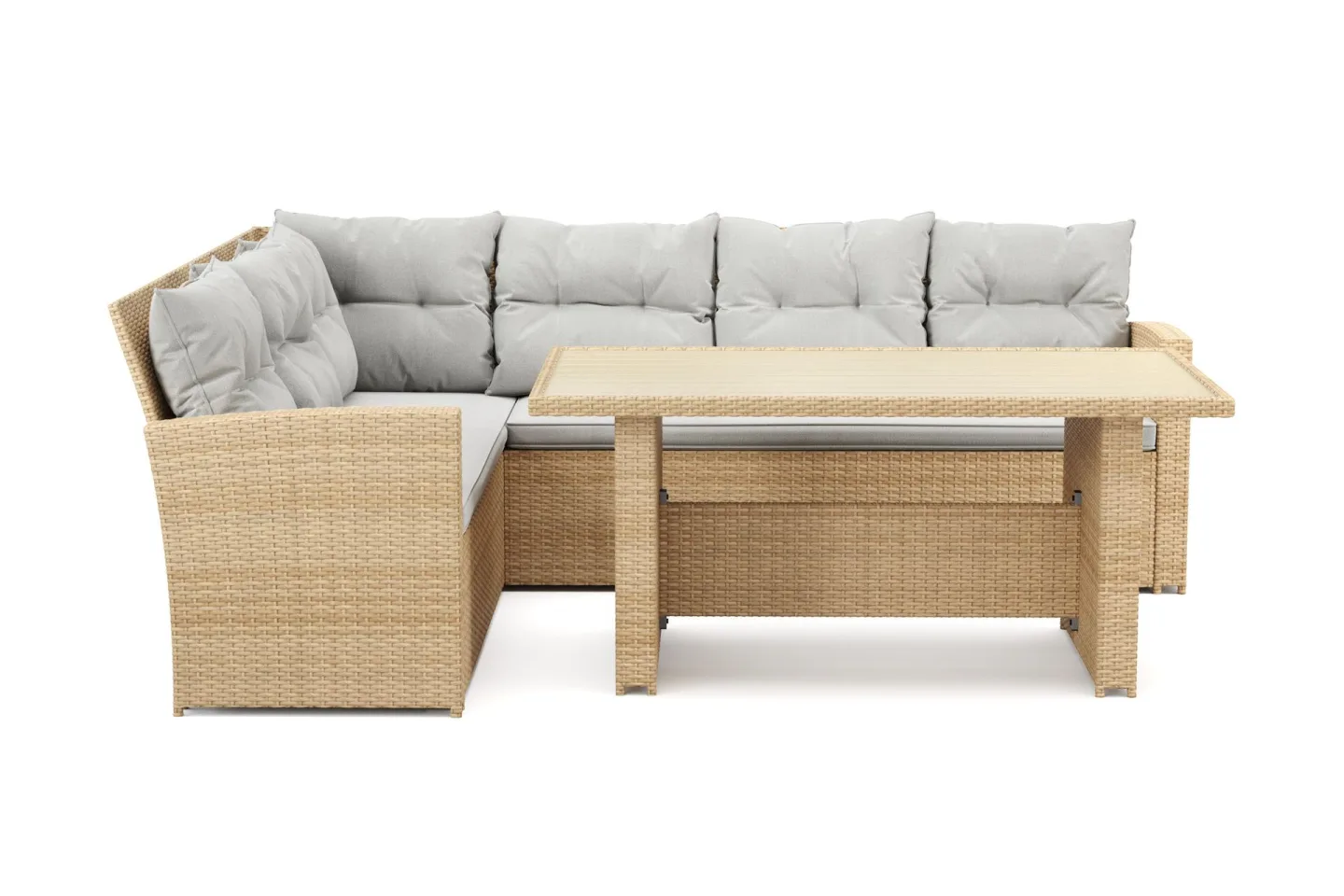 James 5-sits Vänstervänd Loungegrupp Utomhus – Soffgrupp med ljusgrå dynor och bord i konstrotting - Ljusgrå / Beige