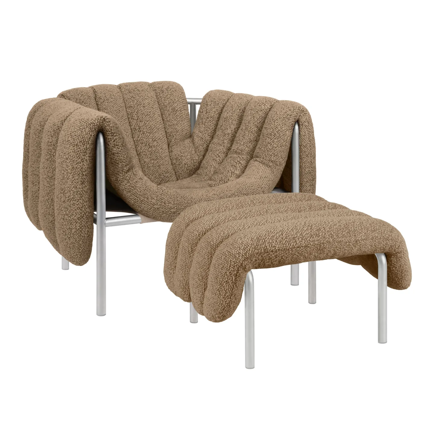HEM - Puffy Lounge Chair + Ottoman - Sawdust/Stainless - Fåtöljer - Faye Toogood - Silver,Beige - Bomull/Naturmaterial/Metall/Syntetiskt/Skum/Plast