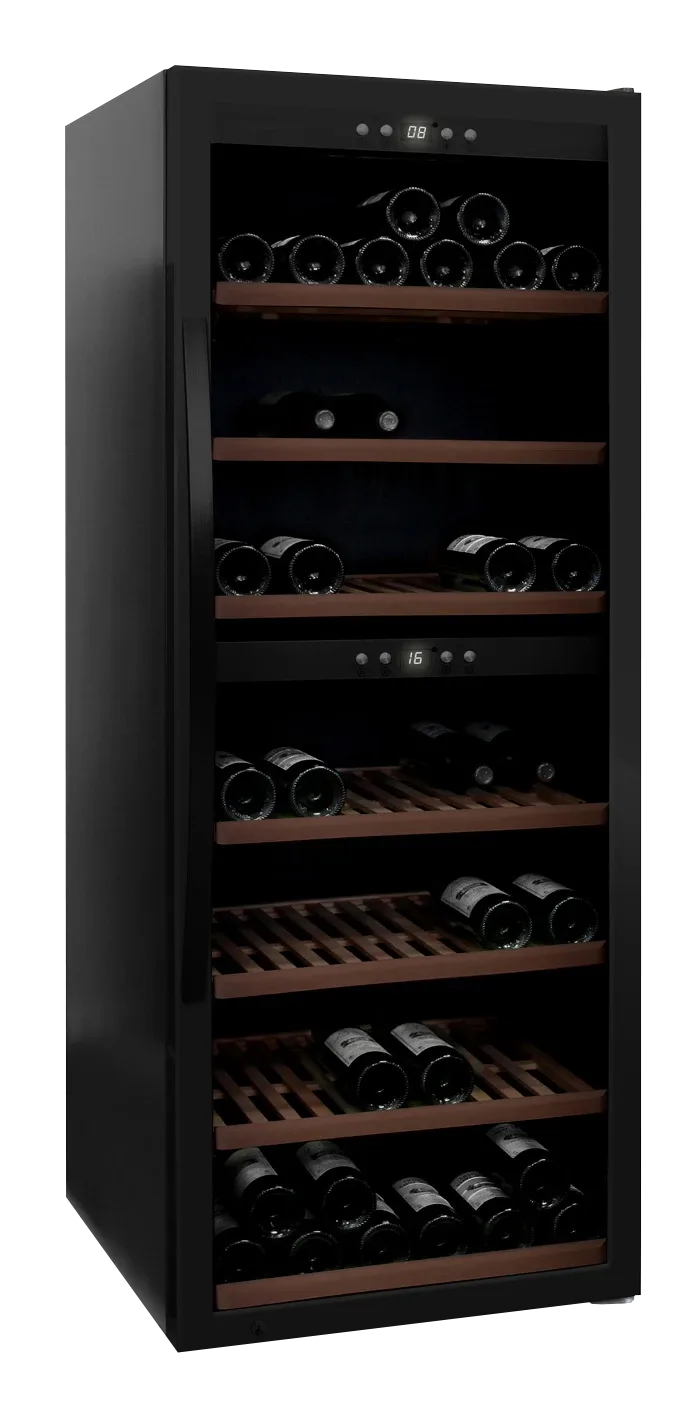 Weinkühlschrank freistehender abschließbarer , mQuvée WineExpert 126 Fullglass Black, schwarz, 2 Temperaturzonen, Kompressorkühlung