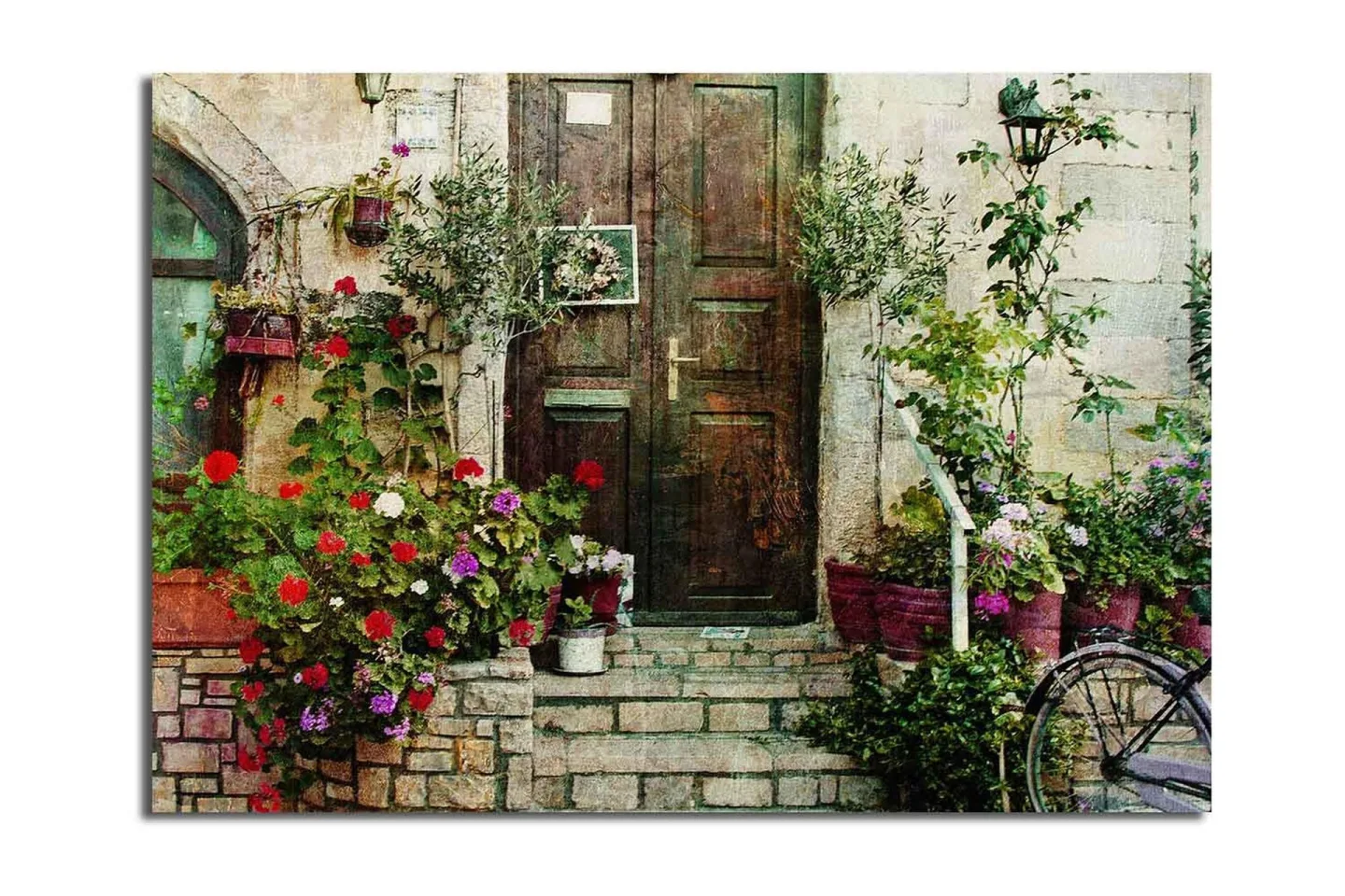 Stor Canvastavla 100x70 cm - Vacker dörr omgiven av färgglada blommor och grönska - Röd / Grön / Lila