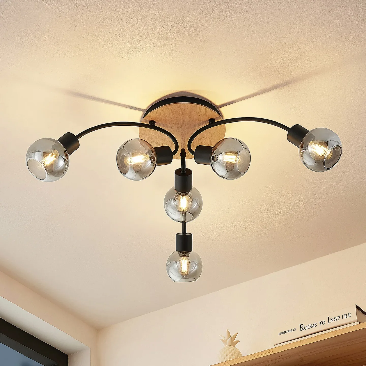 Eridia 6 Round Deckenleuchte Black/Wood - Lindby - Wohnzimmer - Modern - Glas - Mehrflammig