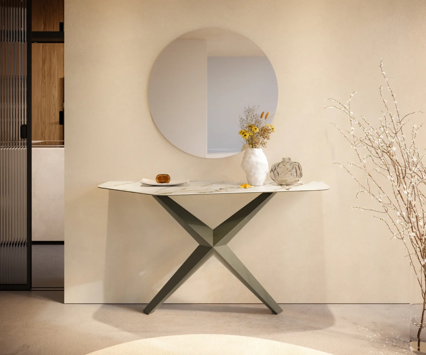 Konsolentisch Edge Polygonal 140x50 cm Keramik Calacatta Luxe Weiß-Gold-Grau Zentharo Metall Effektfinish Titan