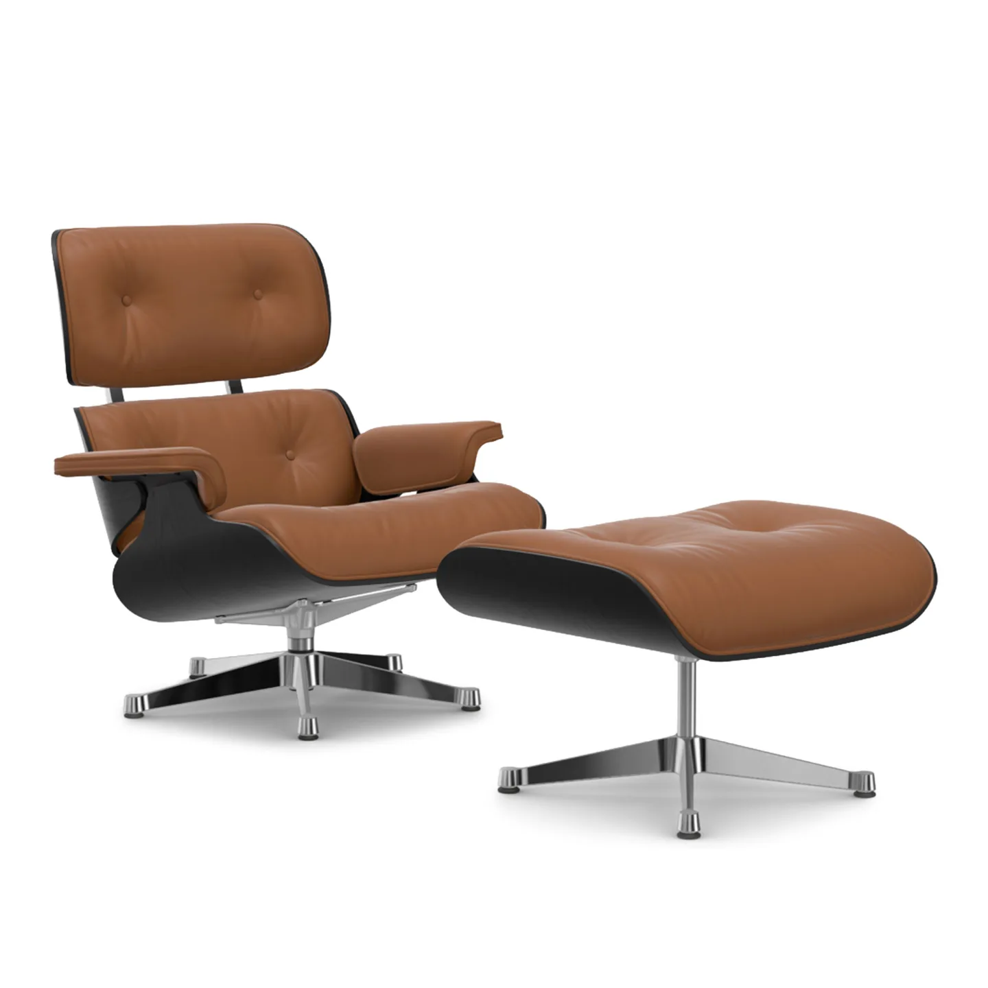 Vitra - Eames Lounge Set Black Chestnut Leather Premium Cognac 97 Polished Aluminium - Fåtöljer - Charles & Ray Eames - Brun