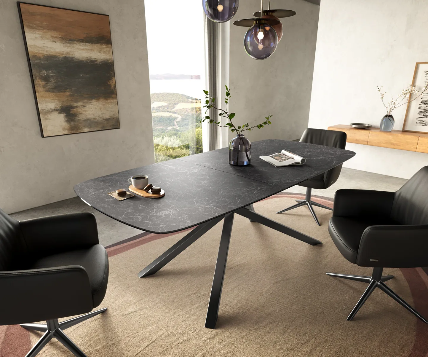 Esstisch Edge Boot 180-220x100 cm Keramik Laminam® Nero Greco Anthrazit Kreuzgestell Rechteck Edelstahl Graphit ausziehbar