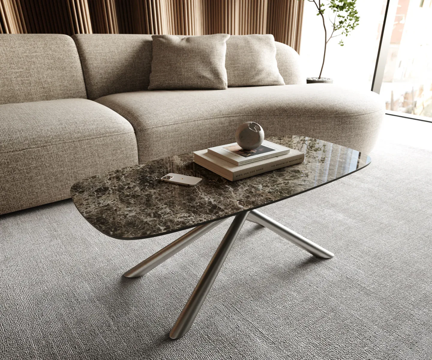 Couchtisch Edge Boot 100x50 cm Keramik Emperador Extra Lucidato Dunkelbraun Sarity Edelstahl gebürstet