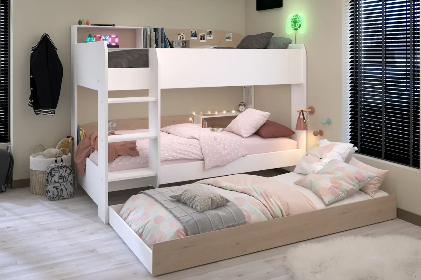Drømmerom - Salto Køyeseng for 3 Personer med Uttrekkbar Gjesteseng 90x200 – Hvit/Natur