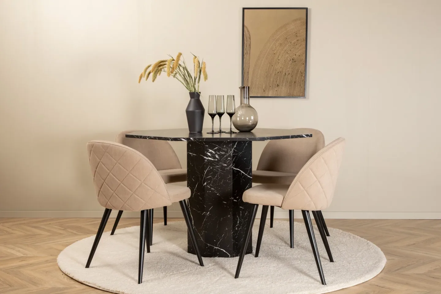 Marbs Matgrupp 110 cm Rund med 4 Velvet stolar - Beige