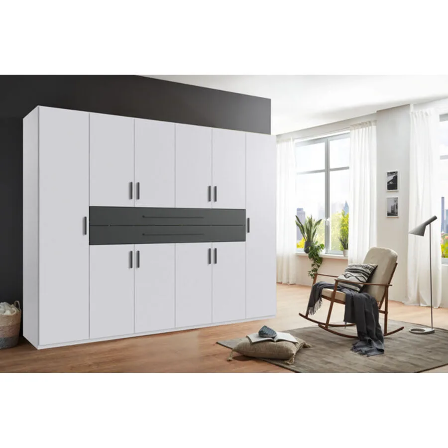 Kleiderschrank Stride Weiß, Rahmen + Abs. Grafit - Griffe Grafit Mischholz B 270 cm