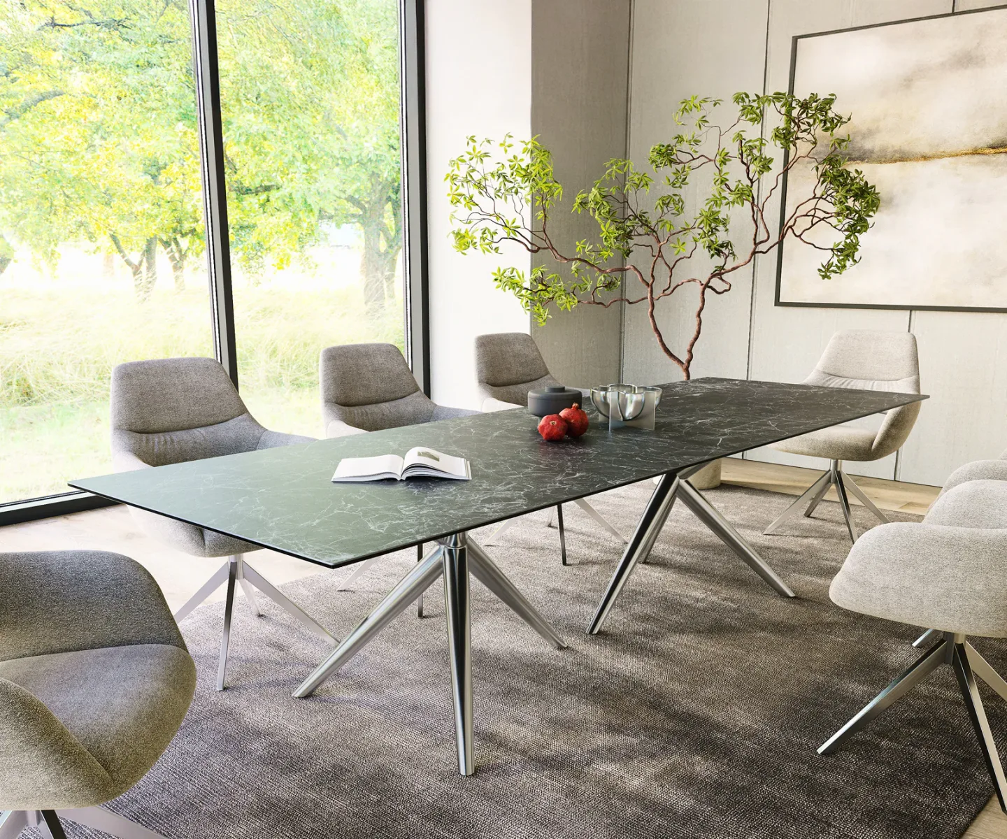 Esstisch Edge 300x100 Keramik Laminam®Nero Greco Anthrazit Estelar rund Edelstahl
