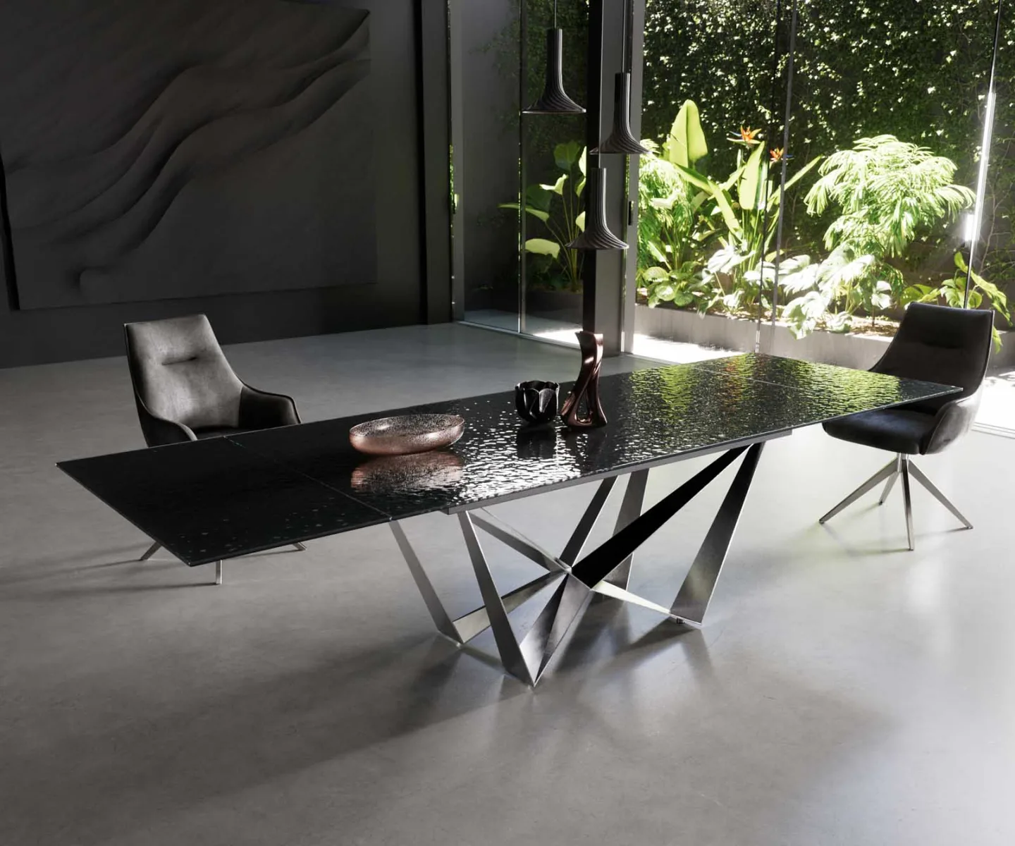 Esstisch Edge 200-300x100 Reliefglas Rauchschwarz 3D-Design Spider Flachstahl Edelstahl ausziehbar