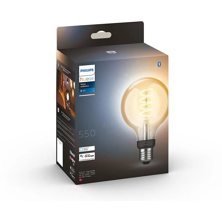 Leuchtmittel Philips Hue Globe Glas 7W E27 - Farbe: Transparent - LED - Lichtfarbe: Extra warmweiss - Helles Neutralweiss - LED Leuchtmittel