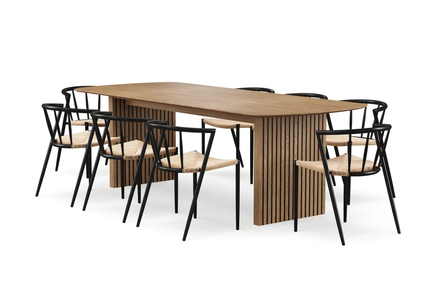 Richeto Matbord 240 cm med 8 Winston Matstolar - Naturlig finish / Beige / Metallben Svart