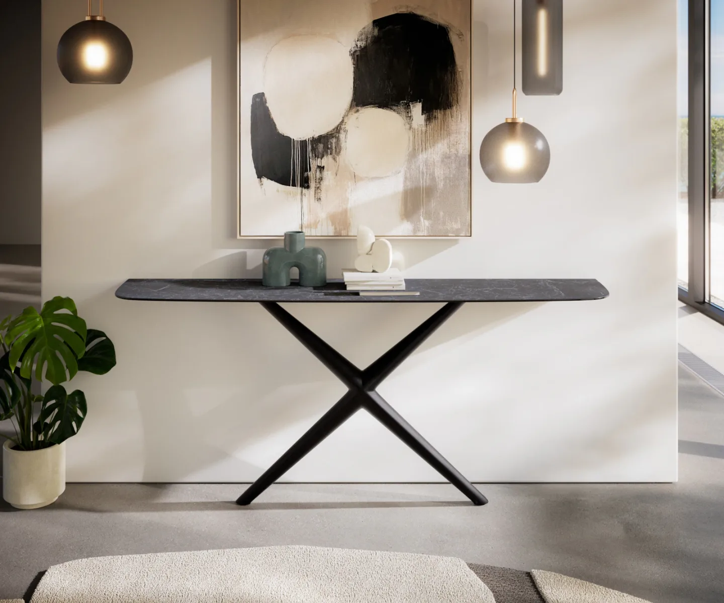 Konsolentisch Edge Boot 180x40 cm Keramik Laminam® Nero Greco Anthrazit Estelo Metall Schwarz