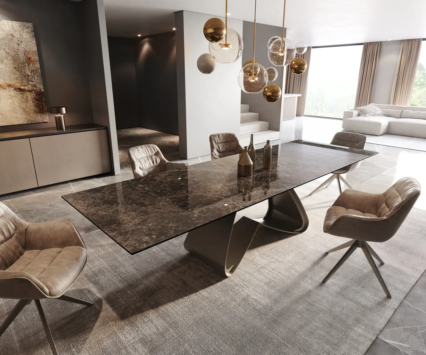 Esstisch Edge 200-300x100 Keramik Emperador Extra Lucidato Dunkelbraun W-Gestell Effektfinish Titan ausziehbar