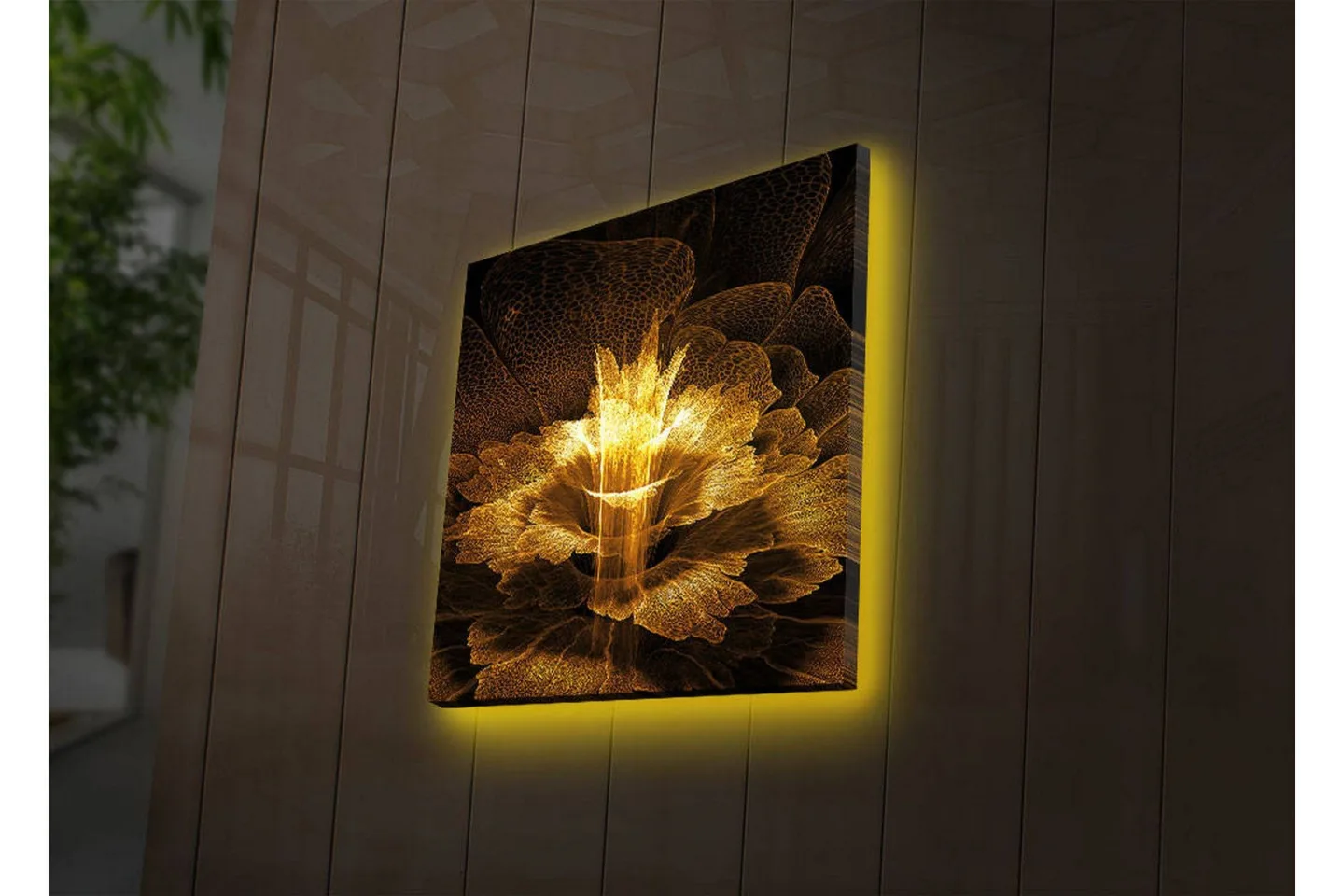 Canvastavla med LED-belysning 40x40 cm - Ljusstrålande blomma i abstrakt stil - Guld / Svart / Brun