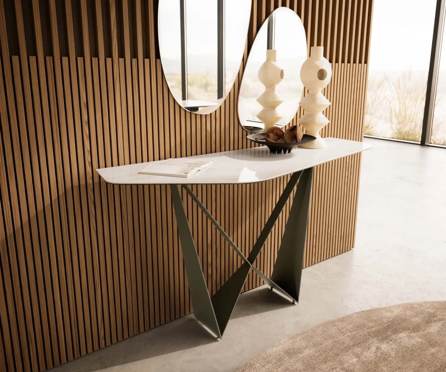 Konsolentisch Edge Polygonal 140x50 cm Keramik Onyx Champagne Spios Metall Effektfinish Titan