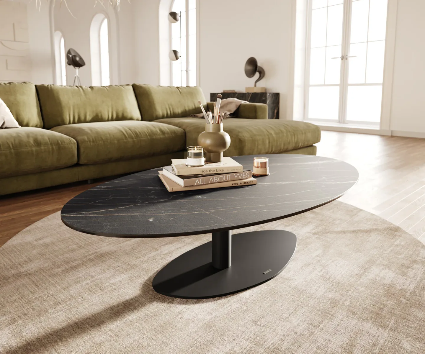 Couchtisch Edge Oval 140x80 cm Keramik Laminam® Noir Desir Braun Vibany Metall Schwarz