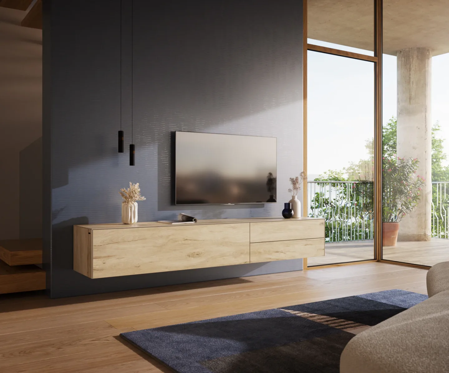 Lowboard Cuor 220 cm Keramik Laminam® Sabbia Eichefarbig 1 Klappe 2 Schubfächer Schwebend
