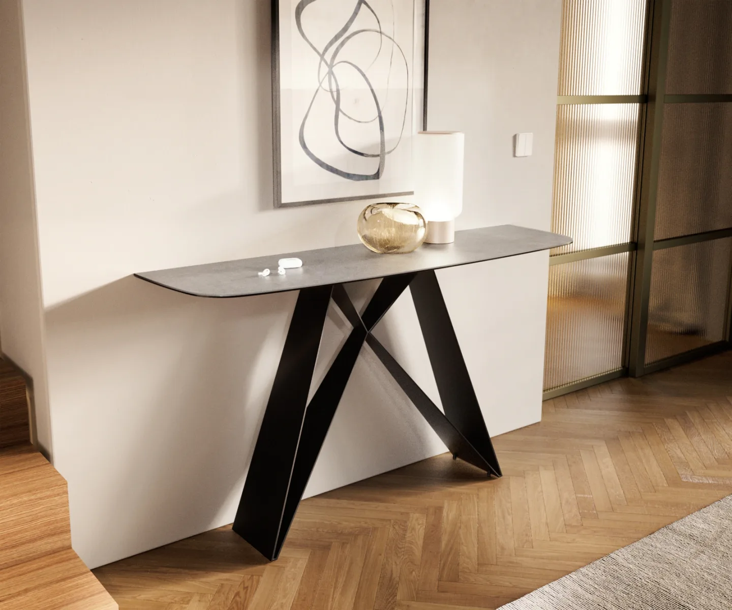 Konsolentisch Edge Boot 140x40 cm Keramik Beton Grau Velio Metall Schwarz